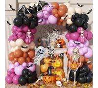 Jobkoo Halloween Balloon Arch Kit - Double Stuffed Purple Orange Garland With 3D Bat Ghost Spider Foil Balloons for Birthday Trick or Treat Party Decorations