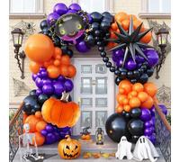 Jobkoo Halloween Balloon Garland Arch, Black Orange Purple Balloon Arch Kit with Big Black Mylar Starburst Balloon, Spider Pumpkin Star Foil Balloons for Happy Halloween Decorations Party Supplies