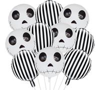 Jobkoo Halloween Balloons Decorations 18 Inch Skull Black and White Striped Mylar Foil Balloon Skeleton Balloons for Halloween Birthday Spooky Baby Shower Party Decoration