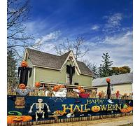 Jobkoo Happy Halloween Banner, Haunted Tombs Painting Halloween, Navy Blue Ghost Skull Pumpkin Banners for Outside, Halloween Wall Banner Deco for Halloween Party Decorations Yard Outdoor- 210x40 CM