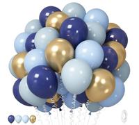 Jobkoo Navy Blue Gold Balloons, 12 Inch Dusty Pastel Light Blue Golden Latex Balloon Set with Metallic Gold Royal Helium Balloons for Boys Birthday Graduation Wedding Baby Shower Party Decorations