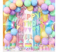 Jobkoo Pastel Birthday Decorations for Girls, Macaron Rainbow Pastel Color Balloons Reusable Happy Birthday Banner Sign Fringe Curtain Backdrop Cake Toppers for Kid Spring Baby Shower Party Decoration