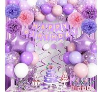 Jobkoo Pastel Pink Lilac White Balloon Arch Garland, Pale Purple Pink Happy Birthday Banner Foil Curtain Pompoms Hanging Swirl for Women Girls Party Decor