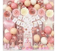 Jobkoo Pink Birthday Decorations for Women, Boho Dusty Pink Rose Gold Blush Beige Latex Balloons Happy Birthday Banner Foil Fringe Curtain Tissue Paper Pompom for Woman Girls Party Decoration Supplies