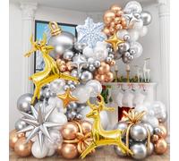 Jobkoo Snowflake Balloon Arch Garland Kit 124 Pcs SiIver White Gold Snow Balloons Snowflake Explosion Star Reindeer Foil Balloon for Christmas New Year Winter Wonderland Birthday Party Decor