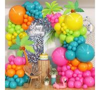 Jobkoo Tropical Balloon Garland Kit, Hawaiian Luau Summer Balloons Arch Teal Pink Orange Yellow Rainbow Balloons with Pineapple Cactus Lemon Balloon for Hawaii Aloha Beach Pool Party Decorations