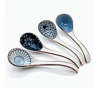 JOBNTZ Asian Soup Spoon,Ceramic Ramen Spoons Japanese Style for Pho, Miso soup, Dumpling, Noodles, Chinese Wonton Dishwasher safe - Set of 4 - Blue
