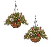 JOCCOS Pre-Lit Artificial Christmas Hanging Basket with Pine Cones Berry Clusters Frosted Branches, Xmas Hanging Basket for Porch Front Door Holiday Decor (2PCS)