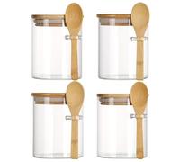 JOCHAMPS 4pcs Glass Jars with Spoons and Bamboo Lids Labels and Chalk, Kitchen Storage Jars for Spices Sugar Salt Tea Candies Jellies Herbs, Overnight Oats Breakfast Jars, 8.5 * 10cm(450ml)