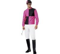 Jockey Costume, Pink & Black with Top, Trousers, Bootcovers, Hat & Goggles, XL