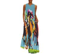 Jockeys Horses Racing Women's Casual Sleeveless Dress V-Neck Maxi Sundress with Pockets 4XL
