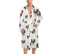 Jockeys Racing Horses Mens Bathrobe Long Bath Robe Warm Spa Robe Nightgown Soft with Waist Belt