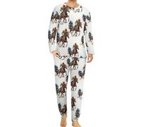 Jockeys Racing Horses Men's Pajama Suit Cozy Sleepwear Long Sleeve Top & Bottom Pant PJ Set Nightwear