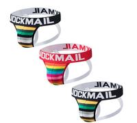 JOCKMAIL 3 Pack Mens Briefs Jock Strap Cotton Athletic Supporter 3 Pack/pcs Rainbow Thongs for Men (M,Black+Black+Red)