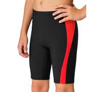 JOCMIC Boys Swim Jammers Youth Competitive Swim Team Trunks Athletic Swimsuit Quick Dry Swimming Shorts Black/Red, 9-10 Years, Tag 140