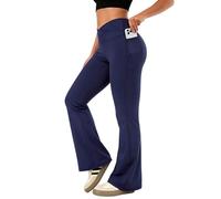JOCMIC Women Flared Leggings with Pockets, High Waisted V Cross Bootcut Yoga Pants, Soft Elastic Opaque Workout Pants for Gym, Pilates, Running, Daily Wear, Navy, XXL
