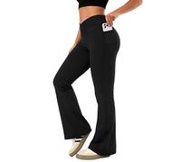 JOCMIC Women Flared Leggings with Pockets, High Waisted V Cross Bootcut Yoga Pants, Soft Elastic Opaque Workout Pants for Gym, Pilates, Running, Daily Wear, Black, XXL
