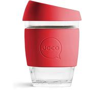 JOCO 12oz Travel Friendly Eco-innovative Borosilicate Reusable Classic Glass Coffee Cups, Microwave Safe Travel Coffee Cup, 100% Plastic Free Thermal Shock Resistant Glass Mug (Red Scarlet)