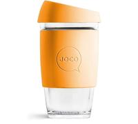 JOCO 16oz Travel Friendly Eco-innovative Borosilicate Reusable Classic Glass Coffee Cups, Microwave Safe Travel Coffee Cup, 100% Plastic Free Thermal Shock Resistant Glass Mug (Orange Sun)