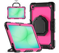 JOCVUD Case for Samsung Galaxy Tab A11+ 2025 SM-X230/X235/X236 11 Inch,Rotating Handle Shockproof Silicone Cover with Soft PC Screen Protector & Shoulder Strap (Black+Hot Pink)