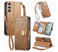 JOCVUD Phone Case for Samsung Galaxy A17 4G/5G,Retro Printed Flower Pattern Flip Wallet Cover with Card Holder & Slim Hand Strap & Shoulder Strap,Shockproof Premium TPU Scratch-Resistence,Brown
