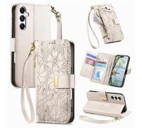 JOCVUD Phone Case for Samsung Galaxy A17 4G/5G,Retro Printed Flower Pattern Flip Wallet Cover with Card Holder & Slim Hand Strap & Shoulder Strap,Shockproof Premium TPU Scratch-Resistence,Gray