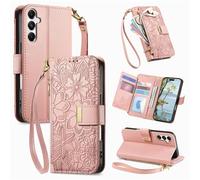 JOCVUD Phone Case for Samsung Galaxy A17 4G/5G,Retro Printed Flower Pattern Flip Wallet Cover with Card Holder & Slim Hand Strap & Shoulder Strap,Shockproof Premium TPU Scratch-Resistence,Pink
