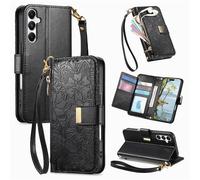 JOCVUD Phone Case for Samsung Galaxy A17 4G/5G,Retro Printed Flower Pattern Flip Wallet Cover with Card Holder & Slim Hand Strap & Shoulder Strap,Shockproof Premium TPU Scratch-Resistence,Black