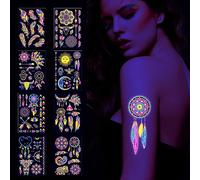JOCXZI Sheets Neon Face Tattoo - 8 Glitter Neon Party Outfit,Color Tattoo Face,Black Light Makeup,UV Body & Face Painting Tattoo Stickers - Natural Soy Ink