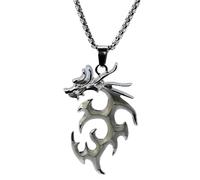 Joddfly Dragon and Wolf Pendant Necklace, Night Light Flame Design, Stainless Steel Men's, Silver, 24 inches, Standard size, Stainless Steel, No Gemstone