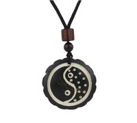 Joddfly Traditional Feng Shui Yin Yang Necklace, Hand Polished Cow Bone Pendant, Black Brown, 25.6 Inch Adjustable Cord with Wooden Beads, Standard size, Wood, No Gemstone