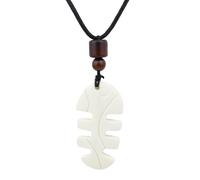 Joddfly Tribal Fish Bone Necklace, White Cow Bone Pendant with Black Rope, 27.5 Inch Adjustable Surfer Style Necklace with Wooden Beads