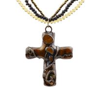 Joddfly Y2K Vintage Cross Pendant Necklace, 20 inch Three-Layer Beaded Chain, Brown and Gold, Zinc Alloy