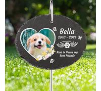 Jodimitty Color Photo Pet Memorial Plaques with Stake Personalised Grave Stones with Text, Cat Dog Memorial Plaque for Garden Graves Indoor Keepsakes, 9x7cm (Oval)