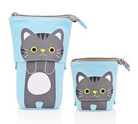 Jodsen Cute Cartoon Stand up Pencil Holder,Canvas Pen Pencil Case Organizer Transformer Stand Store Pencil Case Box, Telescopic Stationery Pouch Bag with Zipper Closure for Boys Girls Students (Blue)