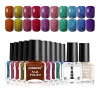 JODSONE Reflective Nail Polish 12 Colors With Base Coat and Top Coat Glitter Red Bule Purple Green Nail Polish Set Quick Dry Sparkle Winter Manicure Long Lasting for HolidayGift Giving