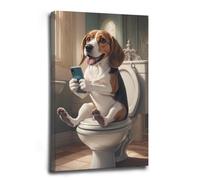 JODYCEBU Funny Beagle Bathroom Wall Canvas Art Print Dog in Toilet Holding Phone Poster Bathroom Humor Pet Portrait Wall Decor Funny Animal Wall Art
