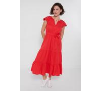 Joe Browns Cutwork Maxi Dress With Embroidered Flutter Sleeves And Tiered Skirt Red