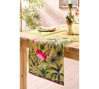 Joe Browns Lotus Flower & Palm Print 100% Cotton Table Runner With Pom Pom Trim In Green Green
