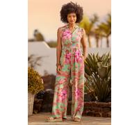 Joe Browns Petite Printed Wide Leg Jumpsuit With Frilled Sleeves And Tassel Tie In Green Green 12