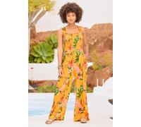 Joe Browns Petite Wide Leg Jumpsuit With Parrot Print And Shirred Bodice In Orange Orange
