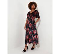 Joe Browns Rose Floral Tie Waist Velour V-Neck Dress In Black Black 10