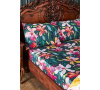 Joe Browns Tropical Flower Print 100% Cotton Fitted Sheet & Separate Pillowcases In Green Green