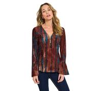 Joe Browns Women's Contrast Lace Overlay Fluted Sleeve Zip Front Top Blouse, 8 Brown