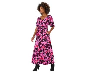 Joe Browns Women's Print Floral Wide Sleeve Button-Through Maxi Dress, Petite, Pink, UK 8
