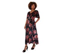 Joe Browns Women's Rose Floral Tie Waist Velour V-Neck Dress, Regular, Black, UK 14
