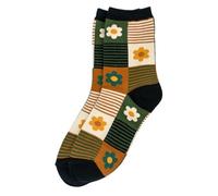 JOE COOL Retro Socks for Women, Cotton Blend, Funky Floral Patchwork Design, Striped Detail, Comfy Ankle Socks, Black/Beige/Green/Brown, One Size UK 4-7