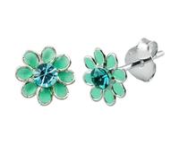 JOE COOL Womens 925 Silver Stud Earrings, December Zircon Flower in Mint Green Aqua Blue, Cute Fashion Jewellery Gift Idea