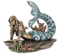 Joe Davies Golden Skinned Mermaid on a Rock with a Blue & Silver Glitter Tail 19.5 CM