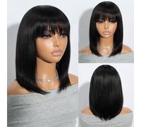 Joedir 12" Straight Bob Wig with Bangs Brazilian Straight Human Hair Wigs None Lace Front Wigs Shoulder Length Human Hair Machine Made Bob Wigs for Women 130% Density (1B)